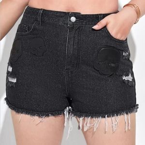 Shein Skeleton Patch Ripped Raw Hem Denim Shorts